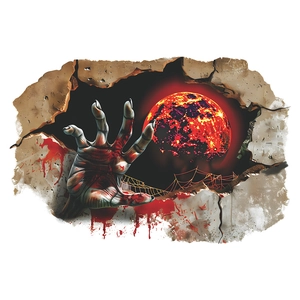 Detailed 3D Halloween wall decal featuring a realistic zombie hand emerging from a cracked wall