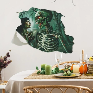 3D Halloween wall decal featuring a scary skeleton and zombie breaking through white walls