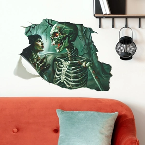 Macro detail of 3D Halloween wall sticker showing a zombie figure breaking through the wall