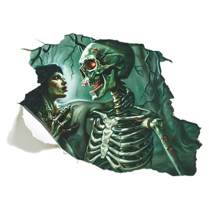 Detail showing 3D wall decal of a skull and zombie woman through a cracked wall