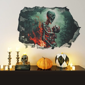 3D wall sticker featuring dual skeletons in flames with a cracked wall visual effect