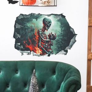 Detailed 3D wall sticker featuring skeletons embracing in flames within a broken stone wall