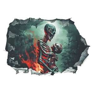 3D Halloween skeleton wall sticker with fire and broken wall effect for home decor