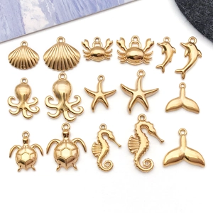 Gold Plated Stainless Steel Ocean Life DIY Pendants Octopus Crab Starfish Dolphin Turtle Seahorse Shell Jewelry Making Hanging Charms