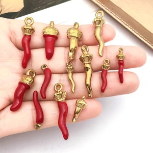Italian Cornicello horn pendants in red enamel and gold finish for DIY jewelry