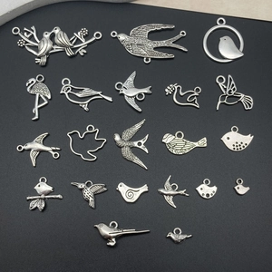 Detailed grid of antique silver bird charms in various species for DIY jewelry making