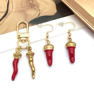 3D stainless steel red pepper pendant keychain and hook earrings jewelry set