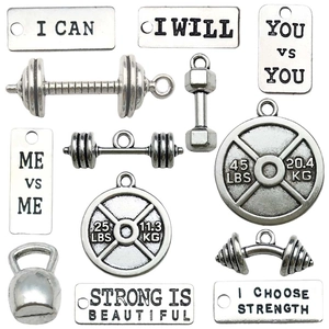 Antique silver fitness charms set with dumbbells barbells and motivational tags