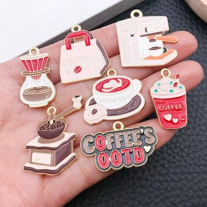 Pink and red enamel coffee charms set including grinder and machine for DIY jewelry