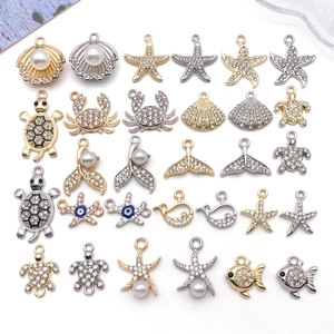 Alloy Rhinestone Sea Creature Charms For DIY Jewelry Making Starfish Turtle Shell Whale Tail Pendant Marine Craft Supplies