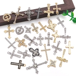 Vintage alloy cross pendants with rhinestones in gold and silver for DIY jewelry