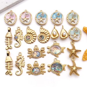 Marine series gold-plated charms with abalone shell, starfish and pearls for DIY jewelry