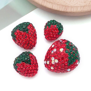 Sparkling red strawberry DIY rhinestone charms with green leaves for jewelry making