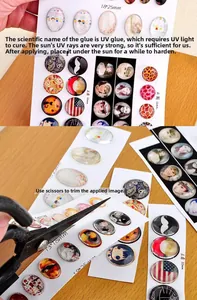 DIY glass cabochon patches showing 16mm to 25mm sizes with vintage patterns and cutting tool