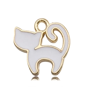 Close-up of a white enamel cat pendant with golden metal trim for DIY jewelry