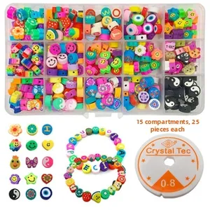 DIY jewelry kit with mixed colorful fruit, smiley, and alphabet clay beads plus 0.8mm string