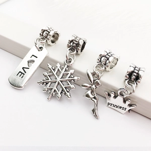 Antique silver DIY charm set featuring heart love tag, snowflake, fairy, and princess crown