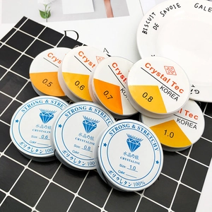 Close-up of transparent elastic crystal beading cord rolls in sizes 0.5mm to 1.0mm