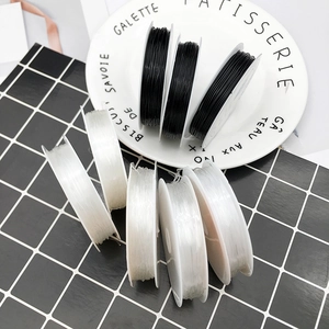 Detail view of black and clear elastic crystal beads cord on rolls for DIY jewelry