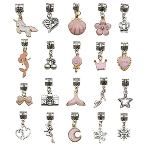 20-piece pink and silver DIY charm set with unicorn and crown designs for jewelry making