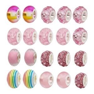 Close-up of 20 pink DIY jewelry beads featuring crystals, faceted glass, and silver cores