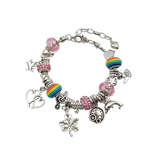 Pink DIY charm bracelet set for girls with princess crown and animal pendants