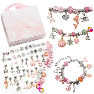 DIY Charm Bracelet Making Kit For Girls Pink Marble Gift Box Unicorn Mermaid Jewelry Set Alloy Glass Beads Children Bracelet Craft