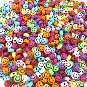 Macro detail of colorful acrylic smiley face beads with side holes for DIY jewelry