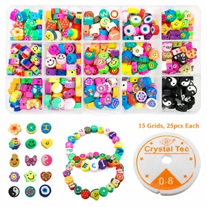 370pcs DIY jewelry kit with colorful polymer clay beads and elastic string in 15 grids box