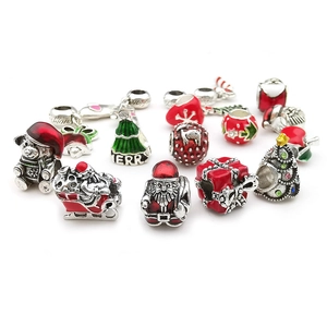 Christmas theme large hole beads set with Santa and snowflake charms in enamel metal