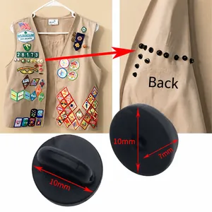 Black rubber clutch pin backs for badges shown with detailed 10mm diameter measurements
