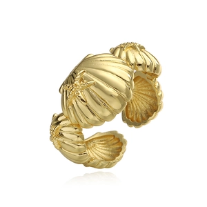 Bracciale rigido dorato regolabile con conchiglie e stelle marine a tema oceanico