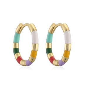 French retro gold earrings with vibrant colorful enamel drip glaze and U-shaped design