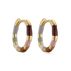 French vintage bamboo-textured gold hoop earrings with multi-colored enamel glaze