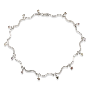 Detail showing wavy silver chain with star pendants and sparkling zircon stones
