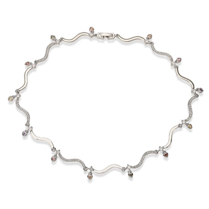 Polished wavy chain necklace with colorful heart-shaped gemstones and cubic zirconia