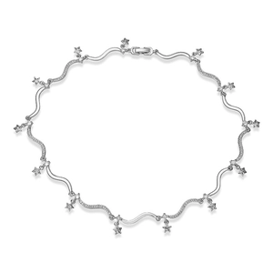 Close-up of wavy star necklace with cubic zirconia pavé and polished silver bamboo links