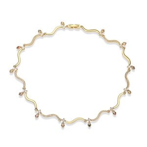 Elegant gold wavy necklace with sparkling zircons and colorful heart charms for women
