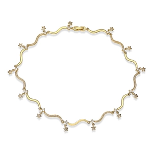 Detail of wavy gold link necklace featuring sparkling star pendants and zircon stones