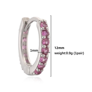Luxury 12mm silver huggie earrings with round pink zircons and technical dimensions