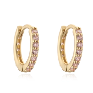 Detailed view of 12mm gold earrings featuring pink cubic zirconia and snap closure