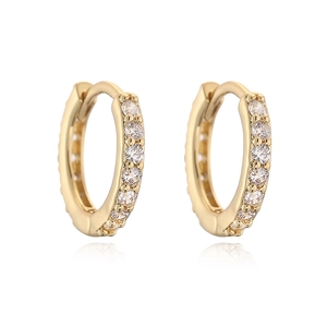 Detail view of gold huggie hoop earrings featuring a row of sparkling white zircons