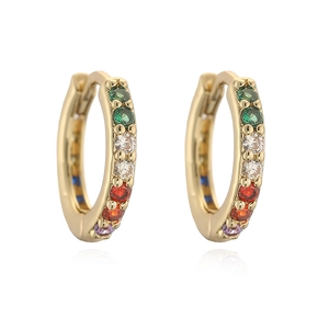 Luxurious gold-plated hoop earrings with colorful zircon stones on white background