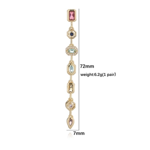 Boucles d'oreilles géométriques dorées aux cristaux colorés, longueur 72mm, largeur 7mm