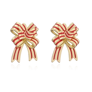 3D bow stud earrings in gold metal with red striped enamel finish for festive style