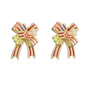 Colorful enamel bow stud earrings in golden alloy with festive red and purple stripes