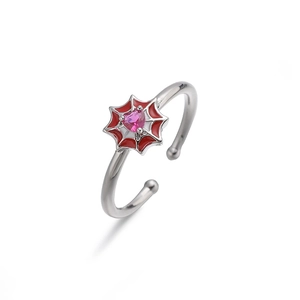 Anello ragnatela argento regolabile con cristallo cuore rosa e smalto rosso