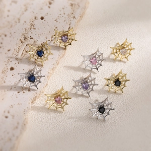 Pendientes de Botón de Cobre Gótico Telaraña Corazón Circón Joyería de Halloween para Mujer Fiesta Diario