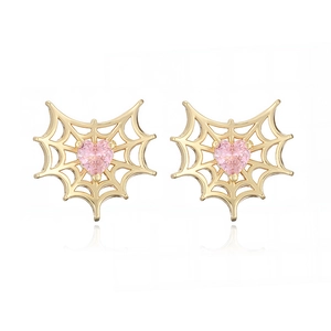 Pendientes de telaraña dorada con circón de corazón rosa de estilo gótico chic