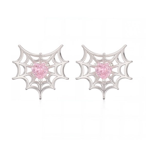 Pendientes de telaraña con corazón rosa de circonita y acabado gótico en plata pulida